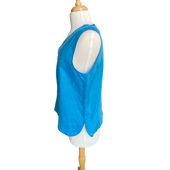 HIHO Tortola Linen Embroidered Sleeveless Top Blue Resort Coastal Scallop Large - Picture 4 of 10